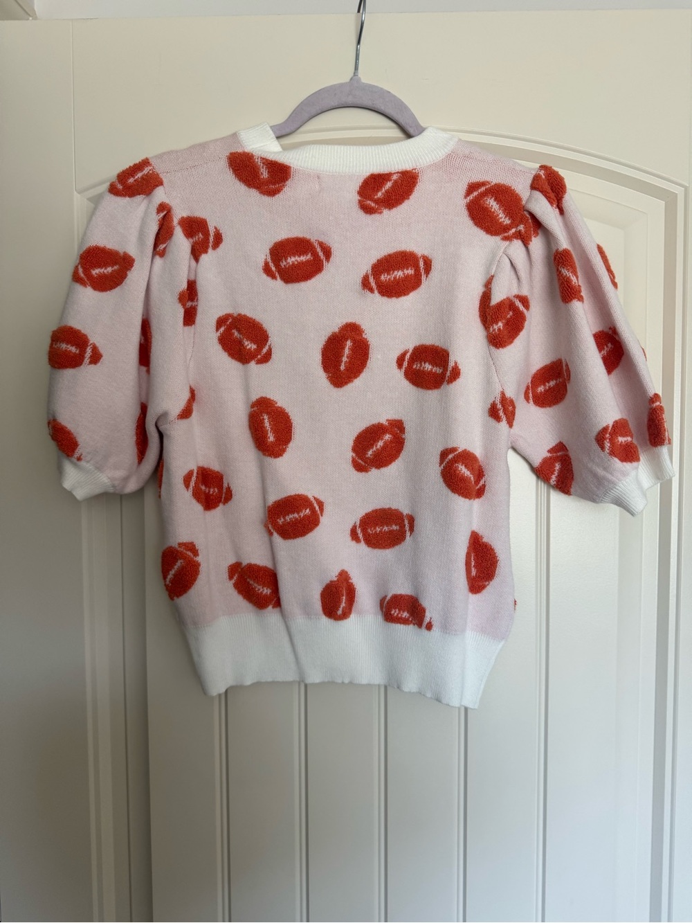 Orange Football-Print Puff Sleeve Knit Top - Picture 2 of 3